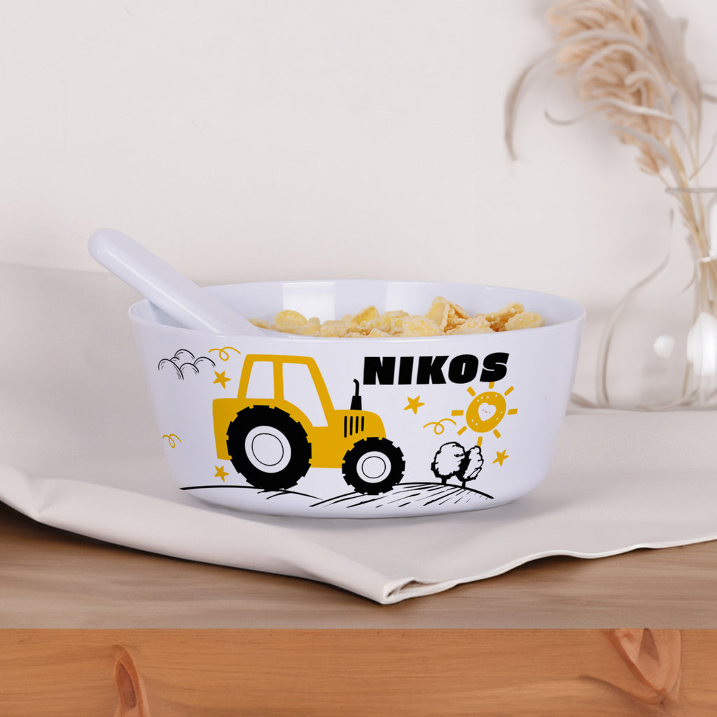 Personalized Plastic Bowl - Yellow Tractor