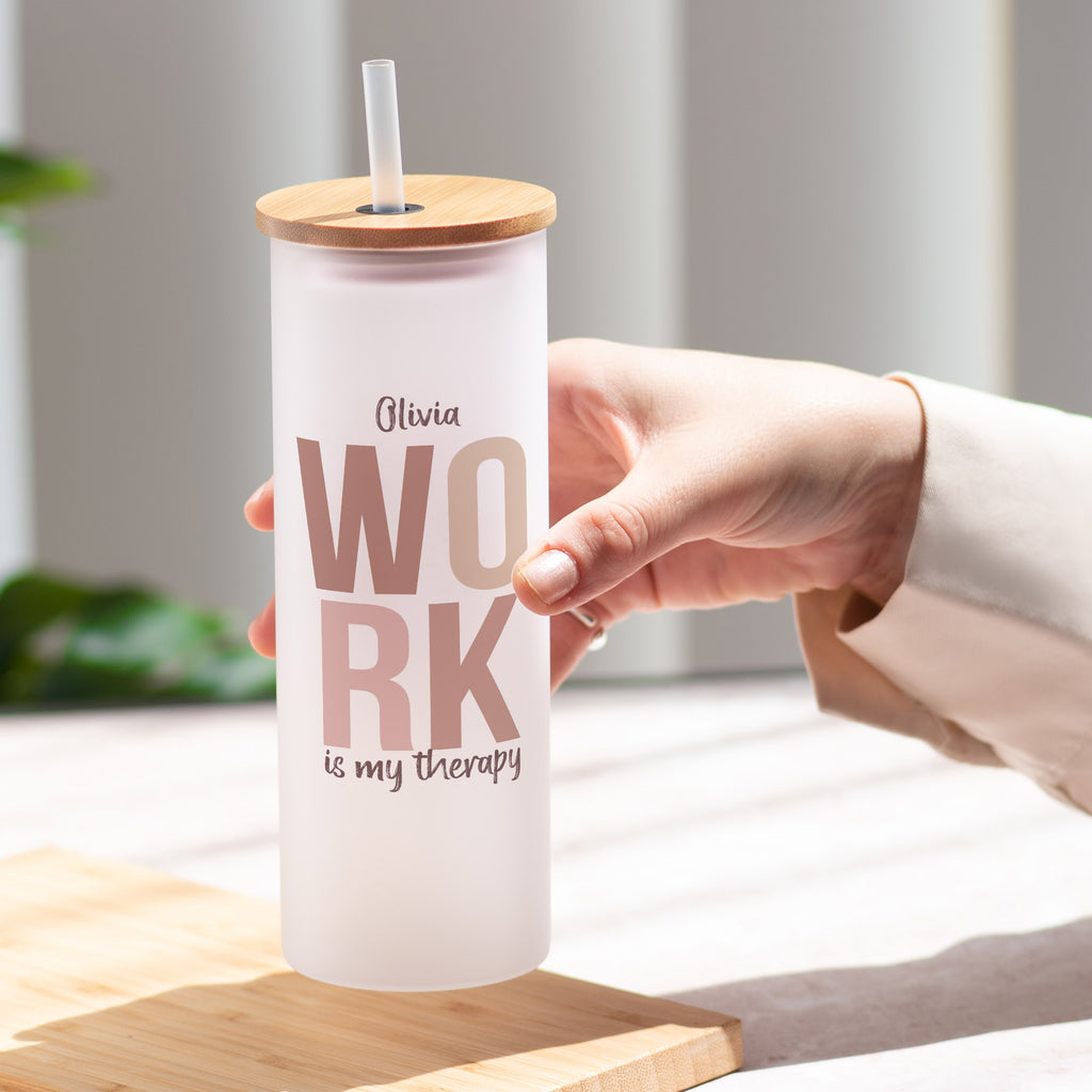 Work Is My Therapy Pink - Skinny Frosted Glass Tumbler