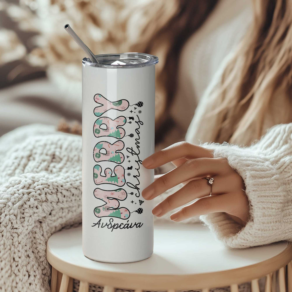 Merry Christmas - Stainless Steel Skinny Tumbler With Straw